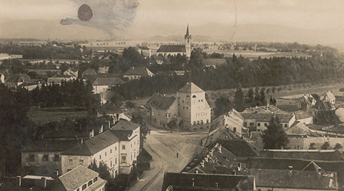 Historische Darstellung des Rathauses der Stadtgemeinde Wieselburg, kurz nach der Fertigstellung