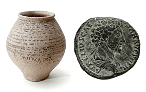 Darstellung einer historischen Vase und einer historischen Münze