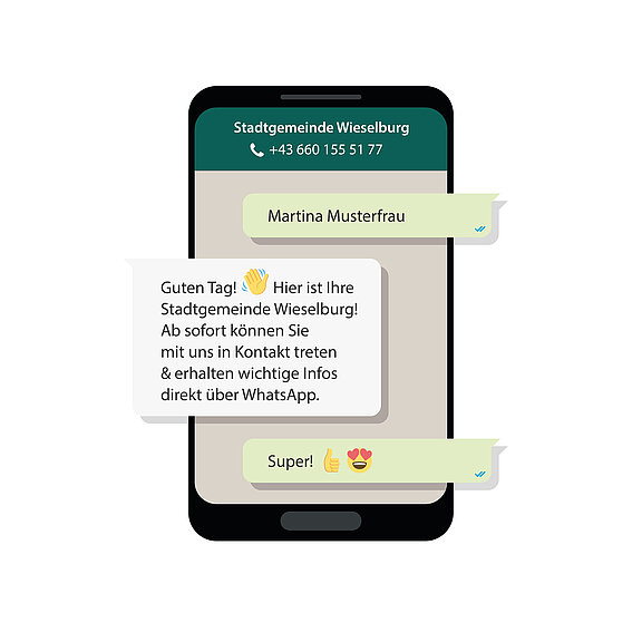 Abbildung eines Mobiltelefons mit beispielsweiser Darstellung des WhatsApp Service der Stadtgemeinde Wieselburg