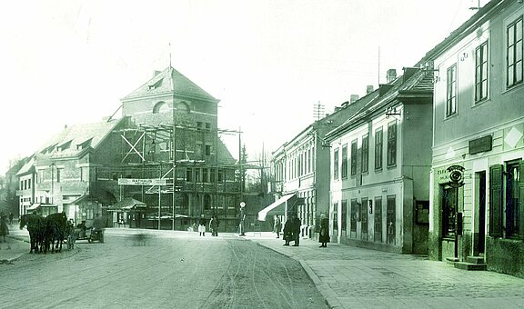 Historische Darstellung vom Bau des Rathauses der Stadtgemeinde Wieselburg