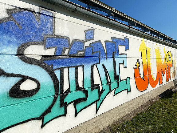 Eine Wand im Wieselburger Freibad mit kunstvollen Graffitis versehen.