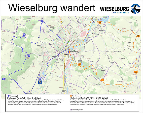 Übersichtsplan über die zwei Wanderrouten der Aktion "Wieselburg wandert" der Stadtgemeinde Wieselburg